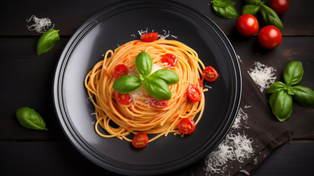 Tasty appetizing classic italian spaghetti pasta with tomato sauce, cheese parmesan. Generative AIの素材