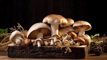 Various kinds of edible mushrooms with copy space. Variety of mushrooms on a closeupの素材
