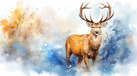 watercolor deer illustration with splash watercolor textured background. illustration watercolorの素材