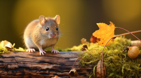 Wild Bank vole (Myodes glareolus) mouse posing on log on autumn scene forest floor with dead leavesの素材