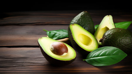 Whole and cut avocados on dark wooden table, blank space. Raw cut sliced avocadoの素材