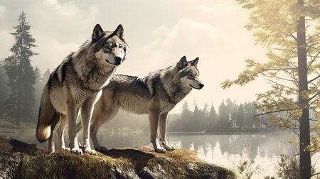 Wild wolfs in nature wilderness. Grey Wolf Animalの素材