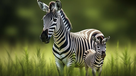 Zebra Mom with her baby zebra on green grass. A Zebra Mom with her baby zebraの素材