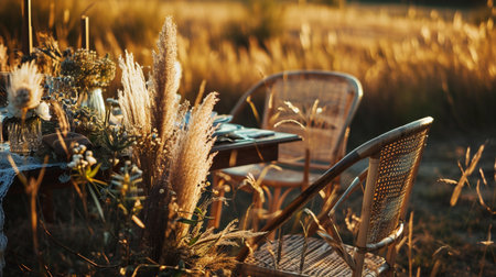 Fabulous wedding for two. Wedding table set up in boho style in the sunset viewの素材