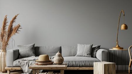 Minimalistic and design home interior of living room with gray sofa, wooden cube, table lampの素材