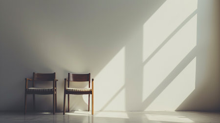Living room design with empty wall mockup, two wooden chairs on white wall, copy spaceの素材
