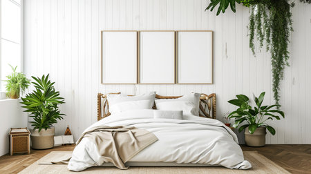 Mock up frame in cozy home interior background, coastal style bedroomの素材