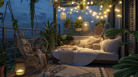 bohemian, minimalist balcony idea with lightsの素材