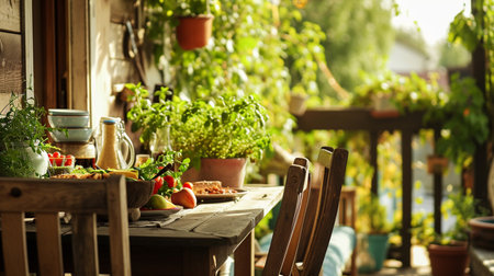 Plants and wooden chairs at table with food on terrace of house in the summerの素材