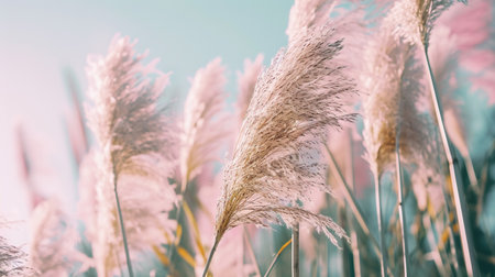 Pampas grass outdoor in light pastel colors. Dry reeds boho styleの素材