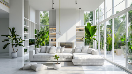 Interior of light living room with grey sofas, coffee table and large windowの素材