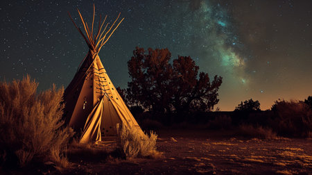 Teepees Under Night Sky Full of Stars. Camping at Traditional Teepee at Nightの素材
