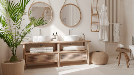 Boho scandinavian style in home interior background. Beige bathroom natural woodenの素材