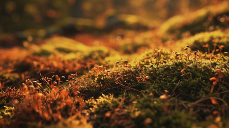 Boreal forest floor. Mossy ground and warm,autumnal lightの素材