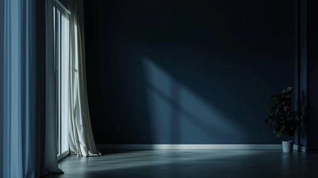 Dark blue room interior, living room interior mockup, empty dark blue wallの素材