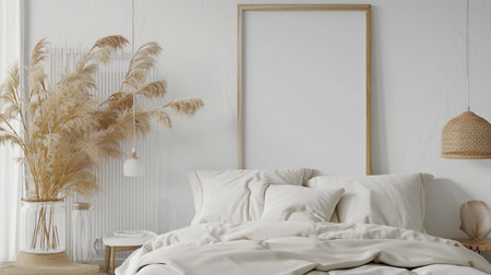Mockup frame in bedroom interior background, room in light pastelの素材