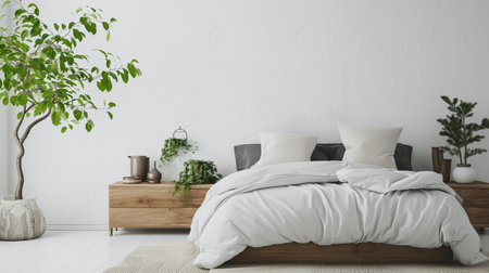 Home interior wall mock up with unmade bed, plaid,cushions and plant in white bedroomの素材