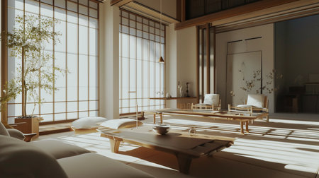 Modern japandi room interior with furniture. contemporary white apartment ideasの素材