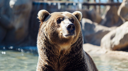 Brown Bear Stands Up to Look for Fishの素材