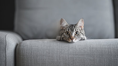 beautiful little cat on a grey sofaの素材