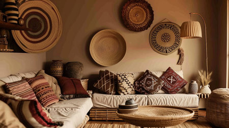 Home interior with ethnic boho decoration, living room in brown warm colorの素材