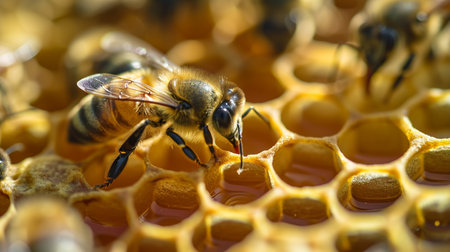 close up view of the working bees on honey cells,の素材