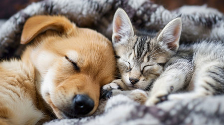Cat and dog sleeping together. Kitten and puppy taking nap. Home pets. Animal careの素材