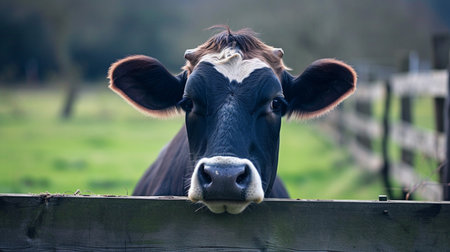 cow on the background of sky and green grass.の素材