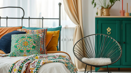 Patterned and colorful pillows on single metal bed in stylishの素材