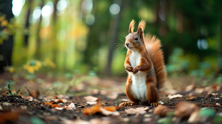 Funny red squirrel standing in the forest like Master of the Universeの素材