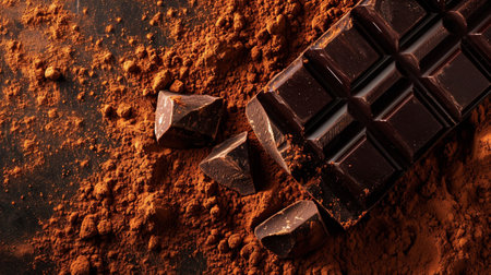 top view of A piece of dark chocolate on cocoa powd. AI Generative,の素材