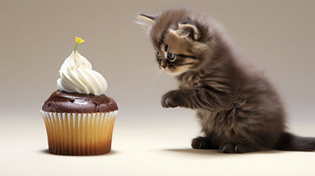 kitten celebrating birthday kitten looking at chocolate cupcakeの素材