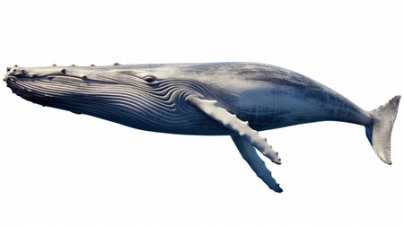 humpback whale swimming low angle on white background it seems whale flying in the skyの素材