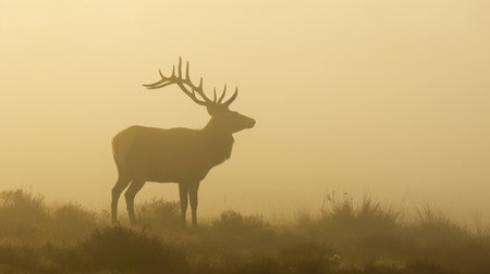 Red deer stag silhouette in the mistの素材