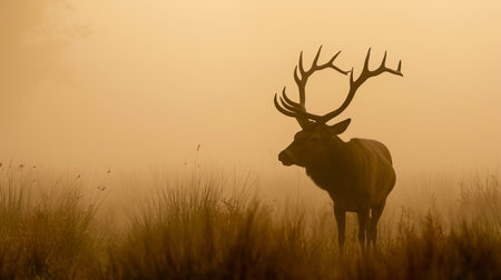 Red deer stag silhouette in the mistの素材