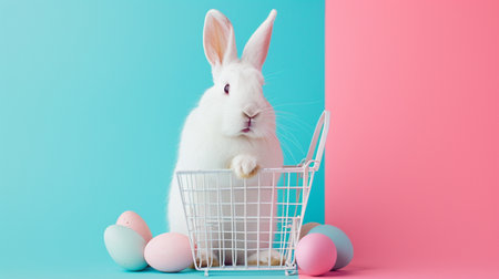 White Easter bunny rabbit with shopping basket and painted eggs on blue and pink backgroundの素材