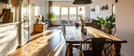 Apartment with dining room. Modern interior design of apartment, dining room with table and chairsの素材
