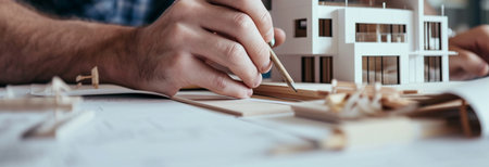 architect designing a house. architect hands making model house. Man architect working in the officeの素材