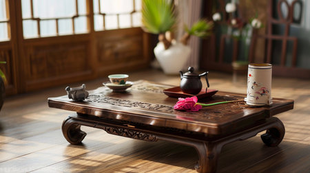 Wooden Korean Table in Traditional Korean House in the Historic Hanok Villageの素材