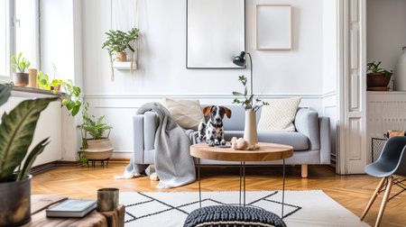 Stylish interior design of living room with modern mint sofa, wooden console. Generative AIの素材