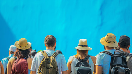 a group of tourists are standing on a angle blue background with copy space. Generative AIの素材