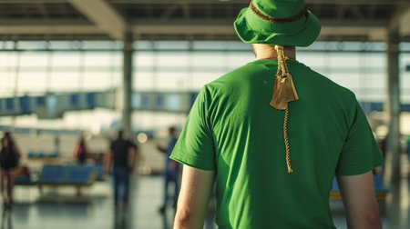 A man wearing a green t-shirt, hat, and rassel on his back, was at the airport. Generative AIの素材