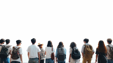 a group of tourists are standing with a white background with copy space. Generative AIの素材
