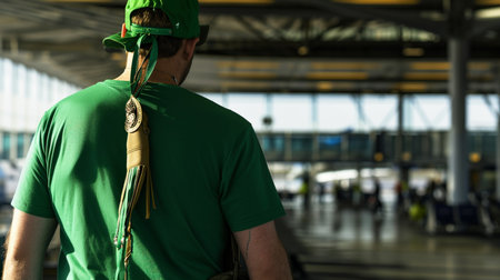 A man wearing a green t-shirt, hat, and rassel on his back, was at the airport. Generative AIの素材
