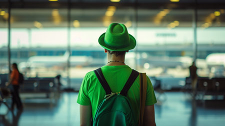 A man wearing a green t-shirt, hat, and rassel on his back, was at the airport. Generative AIの素材