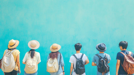 a group of tourists are standing with a pastel blue background with copy space. Generative AIの素材
