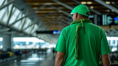 A man wearing a green t-shirt, hat, and rassel on his back, was at the airport. Generative AIの素材