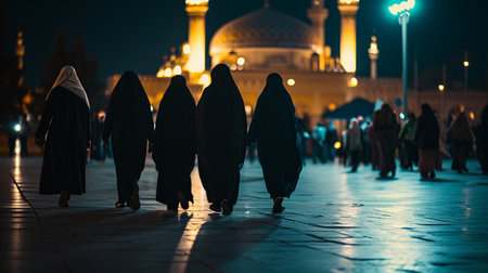 a group of Muslims women walking towards the mosque at night. shot from behine. Generative AIの素材