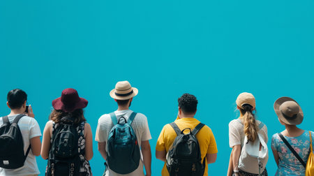 a group of tourists are standing with a pastel blue background with copy space. Generative AIの素材