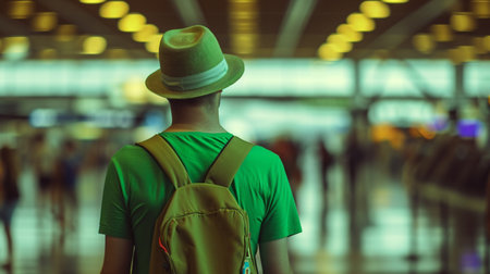 A man wearing a green t-shirt, hat, and rassel on his back, was at the airport. Generative AIの素材